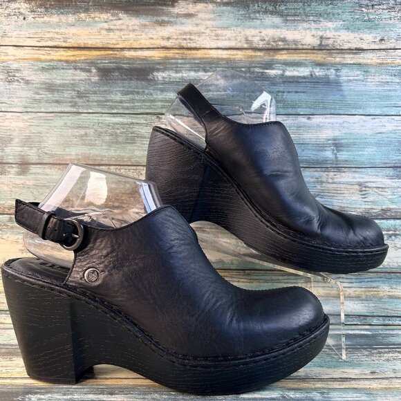 Born Slingback Clogs Womens 10M Black Leather Wedge Heel Platform Split Toe Shoe - Picture 1 of 13